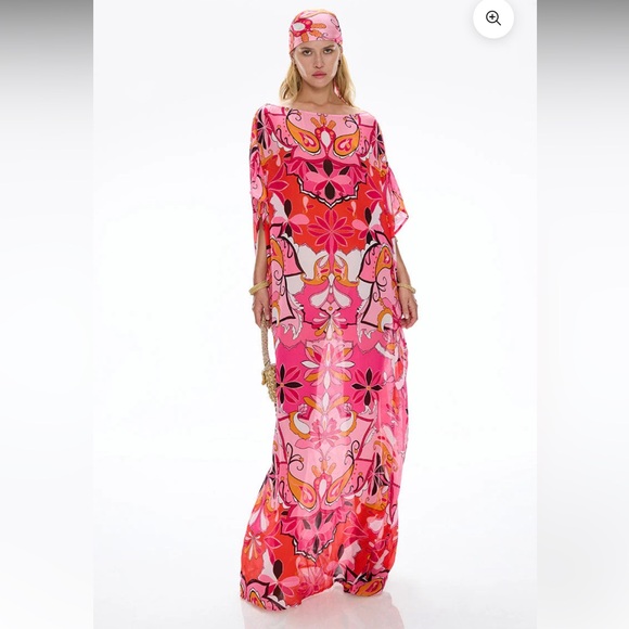 NWOT Cin Cin Malibu Caftan Boheme Pink Print - One Size - Picture 2 of 7